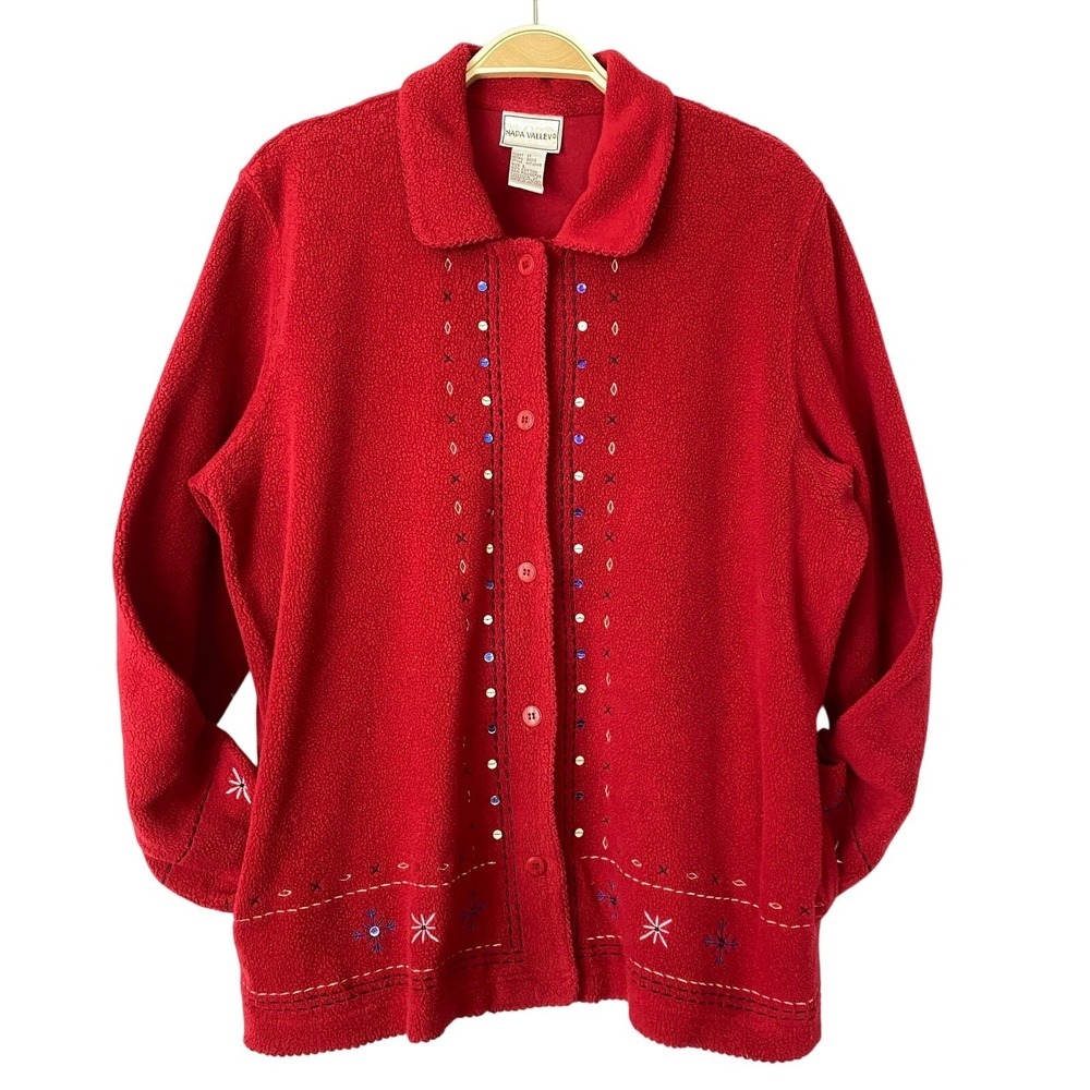 Napa Valley Embroidered Snowflake Holiday Fleece Jacket Women L Red Blue Sequins